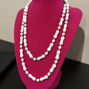 Estate Vintage Hand Knotted Milk Glass Barrel Ball Bead Necklace 34" Long